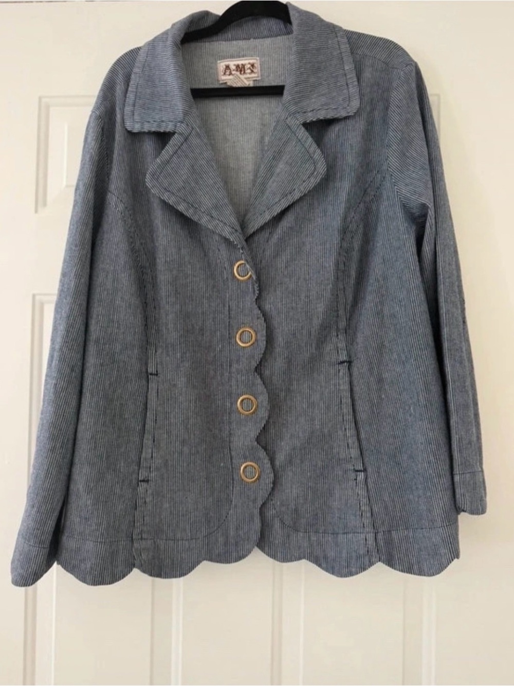 AMX Light Blue Striped Scallop-Edge Blazer